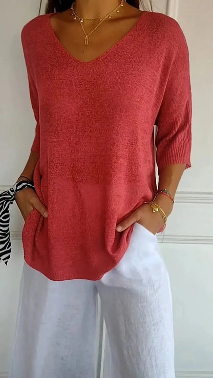 💖50% OFF💖Solid Color Knitted V-neck Top - Cozy and Stylish!