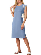 💙LAST DAY SALE 50% OFF💙Women Round Neck Loose Split Wrinkle-Free Midi Dress with Pockets