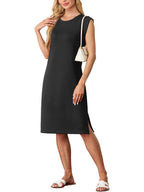 💙LAST DAY SALE 50% OFF💙Women Round Neck Loose Split Wrinkle-Free Midi Dress with Pockets