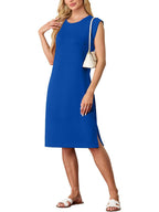 💙LAST DAY SALE 50% OFF💙Women Round Neck Loose Split Wrinkle-Free Midi Dress with Pockets