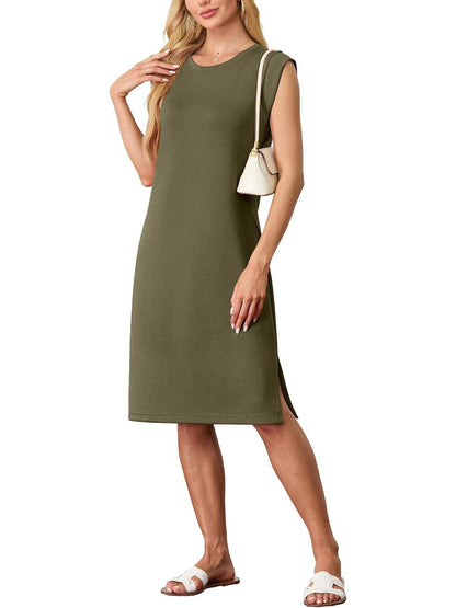 💙LAST DAY SALE 50% OFF💙Women Round Neck Loose Split Wrinkle-Free Midi Dress with Pockets