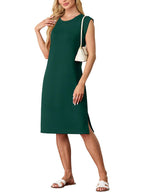 💙LAST DAY SALE 50% OFF💙Women Round Neck Loose Split Wrinkle-Free Midi Dress with Pockets