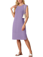 💙LAST DAY SALE 50% OFF💙Women Round Neck Loose Split Wrinkle-Free Midi Dress with Pockets