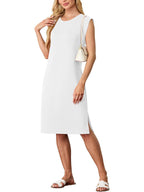 💙LAST DAY SALE 50% OFF💙Women Round Neck Loose Split Wrinkle-Free Midi Dress with Pockets