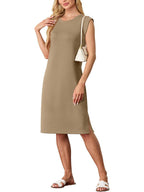 💙LAST DAY SALE 50% OFF💙Women Round Neck Loose Split Wrinkle-Free Midi Dress with Pockets