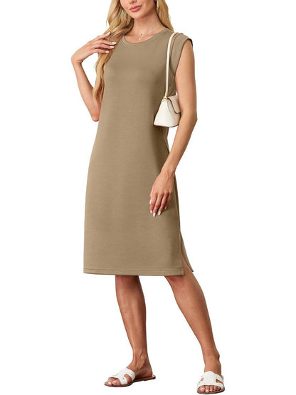 💙LAST DAY SALE 50% OFF💙Women Round Neck Loose Split Wrinkle-Free Midi Dress with Pockets