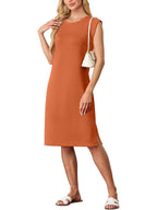 💙LAST DAY SALE 50% OFF💙Women Round Neck Loose Split Wrinkle-Free Midi Dress with Pockets