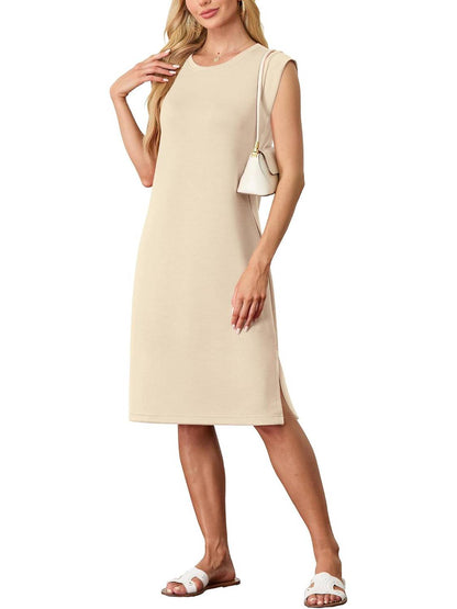 💙LAST DAY SALE 50% OFF💙Women Round Neck Loose Split Wrinkle-Free Midi Dress with Pockets