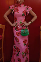 🌹Elegant Cheongsam Style Rose Floral Print Tiered Flare Sleeve Stretch Maxi Dress👗 - Modern Oriental Fashion for Women