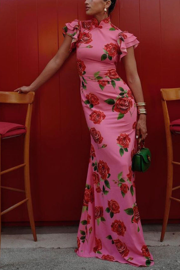 🌹Elegant Cheongsam Style Rose Floral Print Tiered Flare Sleeve Stretch Maxi Dress👗 - Modern Oriental Fashion for Women