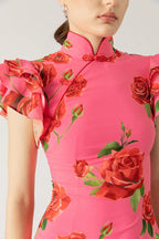 🌹Elegant Cheongsam Style Rose Floral Print Tiered Flare Sleeve Stretch Maxi Dress👗 - Modern Oriental Fashion for Women