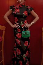 🌹Elegant Cheongsam Style Rose Floral Print Tiered Flare Sleeve Stretch Maxi Dress👗 - Modern Oriental Fashion for Women
