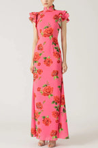 🌹Elegant Cheongsam Style Rose Floral Print Tiered Flare Sleeve Stretch Maxi Dress👗 - Modern Oriental Fashion for Women