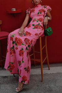 🌹Elegant Cheongsam Style Rose Floral Print Tiered Flare Sleeve Stretch Maxi Dress👗 - Modern Oriental Fashion for Women