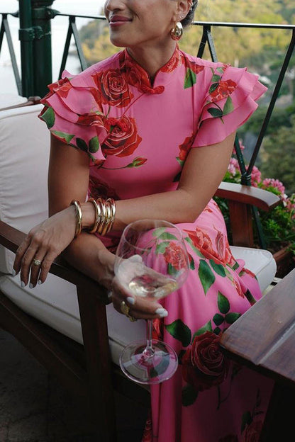 🌹Elegant Cheongsam Style Rose Floral Print Tiered Flare Sleeve Stretch Maxi Dress👗 - Modern Oriental Fashion for Women