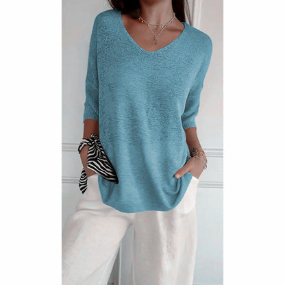 💖50% OFF💖Solid Color Knitted V-neck Top - Cozy and Stylish!