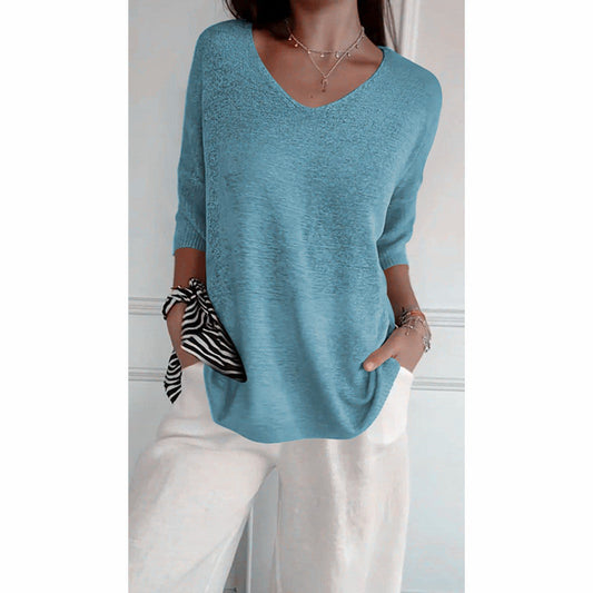 💖50% OFF💖Solid Color Knitted V-neck Top - Cozy and Stylish!