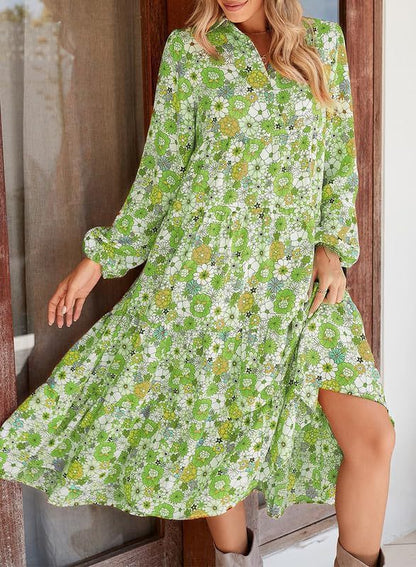 🌸Spring Specials🌸Women's Long Sleeve V Neck Bohemian Midi Dress