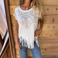🔥Big price reduction！🔥Women's Solid Colour Short Sleeve T-shirt With Hot Print And Frayed Hem