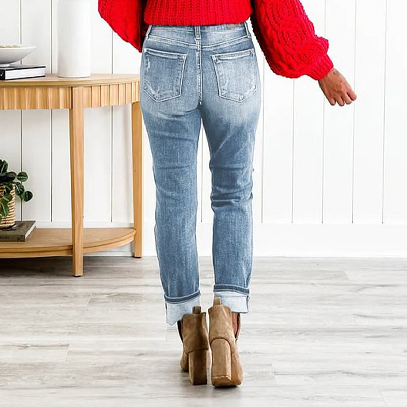 🌸Limited Time 50% Off💕Women's Tummy Control Distressed Cuffed Boyfriend Jeans