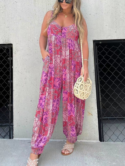 🔥Big price reduction💗Cooper Patchwork Print Loose Jumpsuit