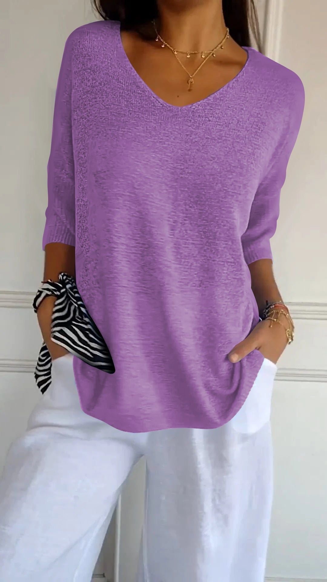 💖50% OFF💖Solid Color Knitted V-neck Top - Cozy and Stylish!