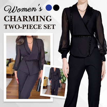 💕Spring New💕 Women's Mesh Beaded Top & Wide-Leg Pants Set