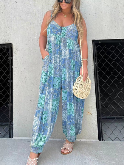🔥Big price reduction💗Cooper Patchwork Print Loose Jumpsuit