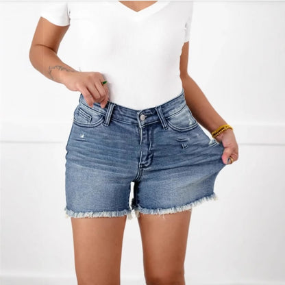 🔥Big price reduction🩳High Rise Frayed Hem Cut Off Jean Shorts