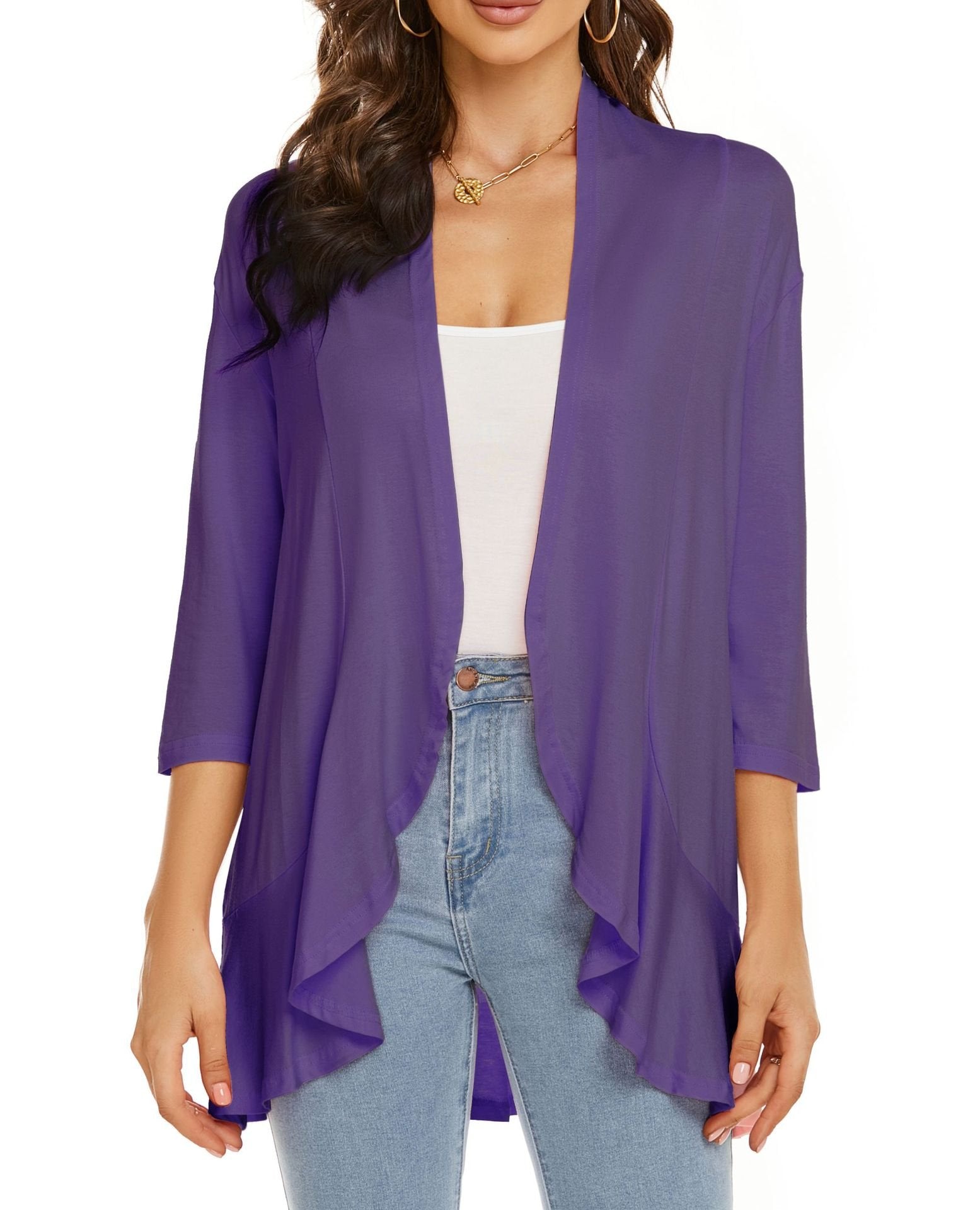 💥50% OFF💥Women Open Front 3/4 Sleeves Lightweight Draped Ruffles Cardigan