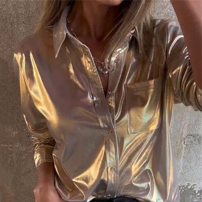 💖Limited Sale 50% OFF💖Women's Shimmer Metallic Leather Button-Up Shirt