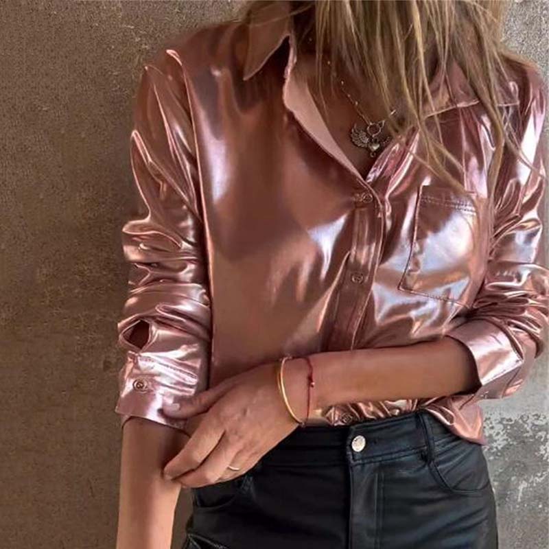 💖Limited Sale 50% OFF💖Women's Shimmer Metallic Leather Button-Up Shirt