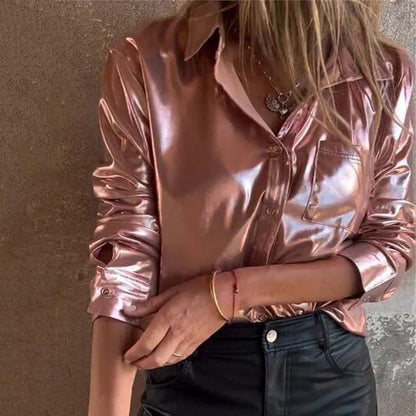 💖Limited Sale 50% OFF💖Women's Shimmer Metallic Leather Button-Up Shirt