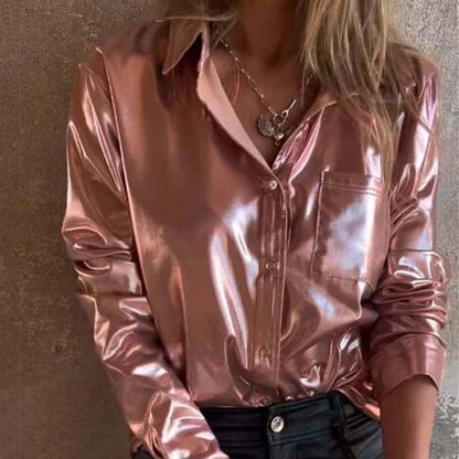 💖Limited Sale 50% OFF💖Women's Shimmer Metallic Leather Button-Up Shirt
