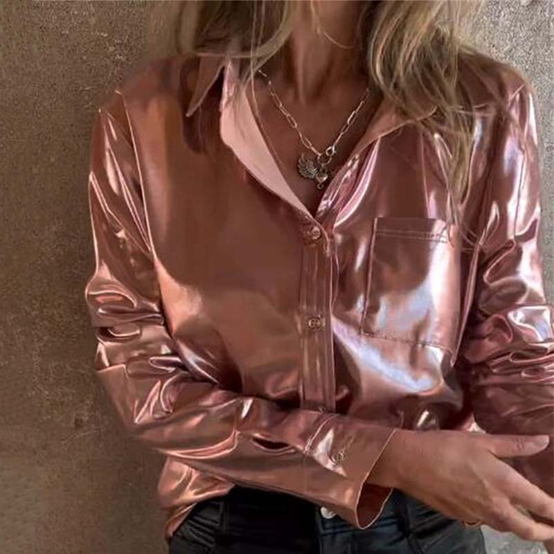 💖Limited Sale 50% OFF💖Women's Shimmer Metallic Leather Button-Up Shirt