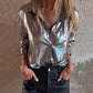 💖Limited Sale 50% OFF💖Women's Shimmer Metallic Leather Button-Up Shirt