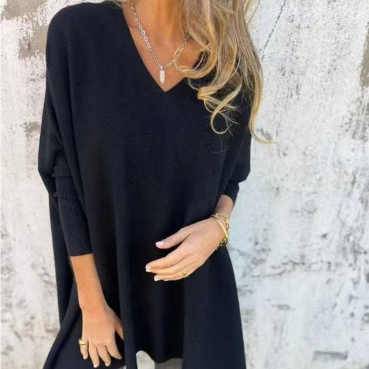 🌈Women's Long Sleeve Knitted V-Neck Loose Long Top（50% OFF）