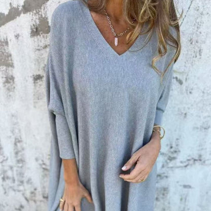 🌈Women's Long Sleeve Knitted V-Neck Loose Long Top（50% OFF）