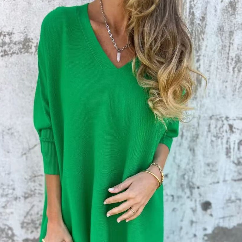 🌈Women's Long Sleeve Knitted V-Neck Loose Long Top（50% OFF）