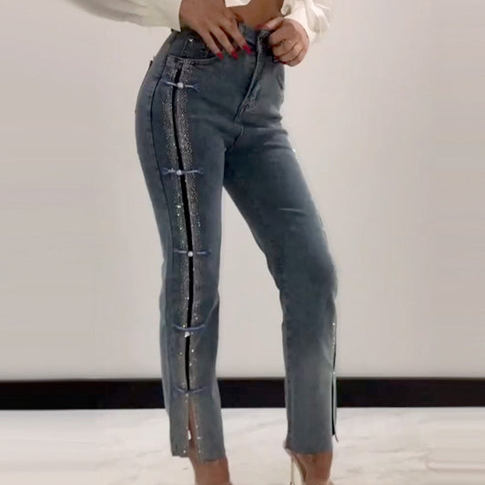 💎2025 HOT SALE👖Women's Jeans With Shiny Rhinestones And Chic Slit✨