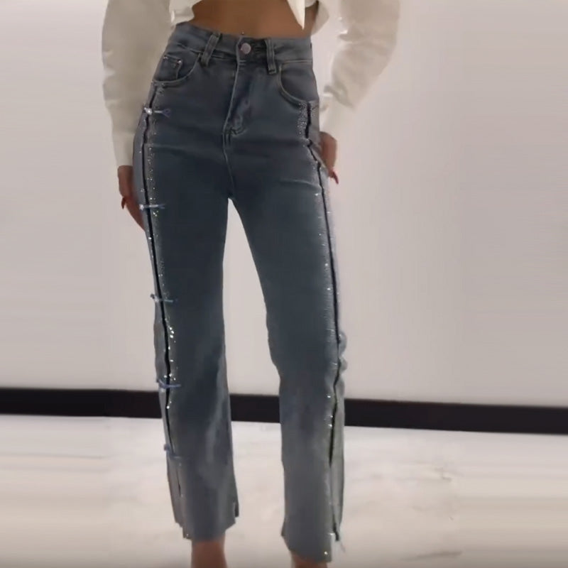💎2025 HOT SALE👖Women's Jeans With Shiny Rhinestones And Chic Slit✨
