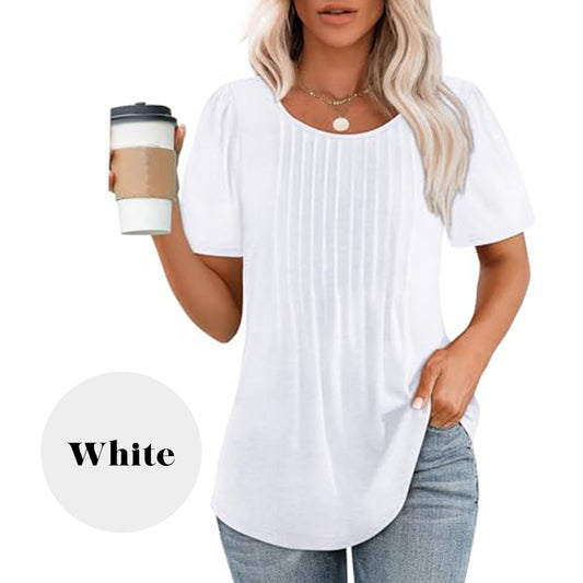 🍀Last Day Sale 50% OFF👚Women's Short Sleeve Pleated Dressy Casual Scooped Neck Tops