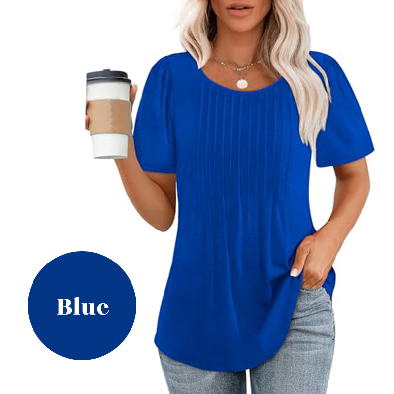 🍀Last Day Sale 50% OFF👚Women's Short Sleeve Pleated Dressy Casual Scooped Neck Tops