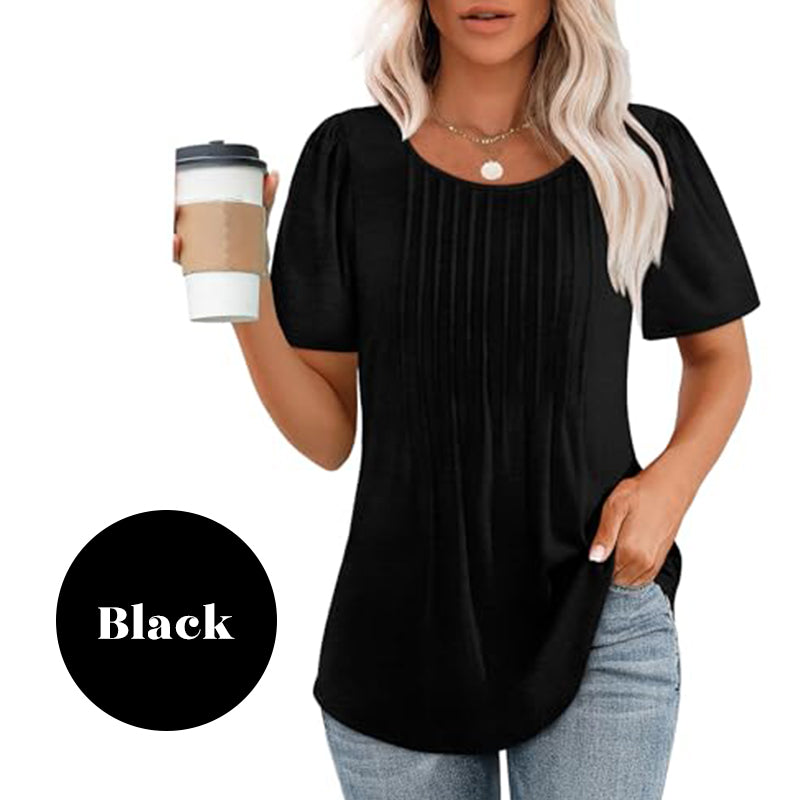 🍀Last Day Sale 50% OFF👚Women's Short Sleeve Pleated Dressy Casual Scooped Neck Tops