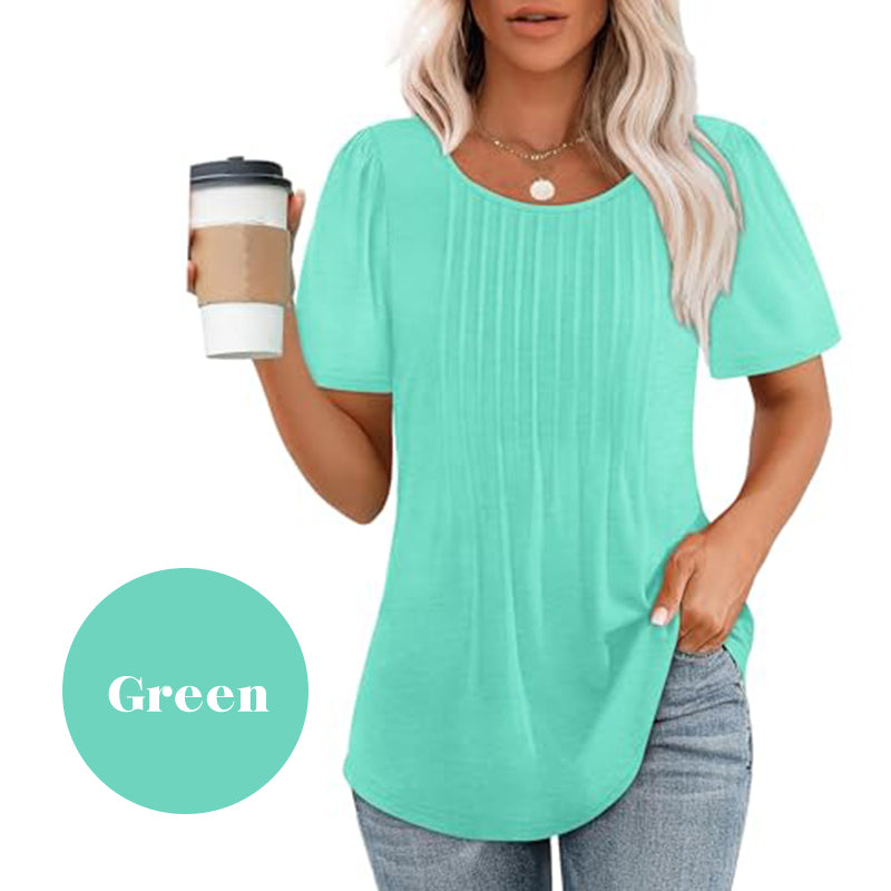 🍀Last Day Sale 50% OFF👚Women's Short Sleeve Pleated Dressy Casual Scooped Neck Tops