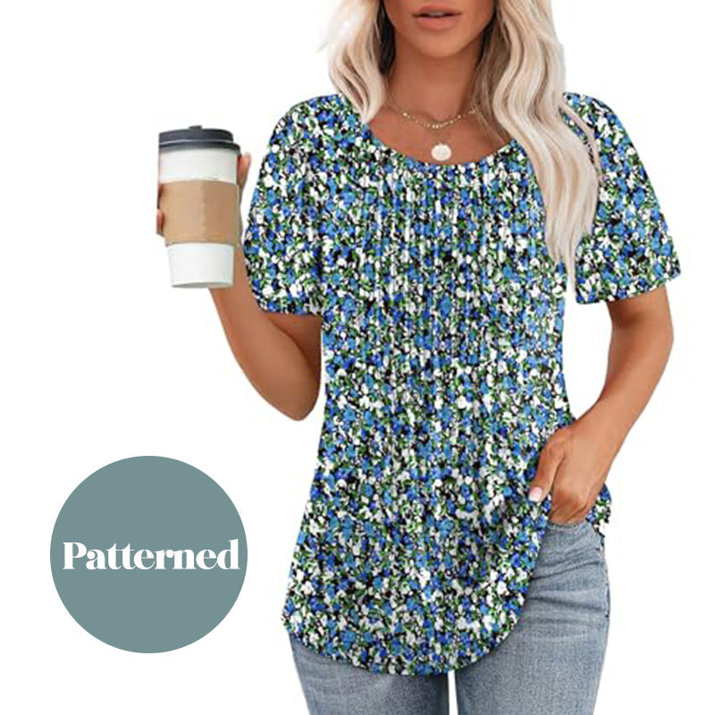 🍀Last Day Sale 50% OFF👚Women's Short Sleeve Pleated Dressy Casual Scooped Neck Tops