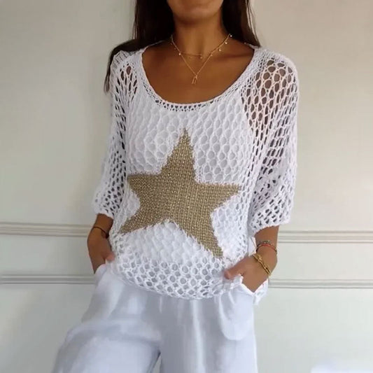 ☀️Spring Hot Sale✨Women's Fashion Round Neck Crochet Knit Fishnet Top