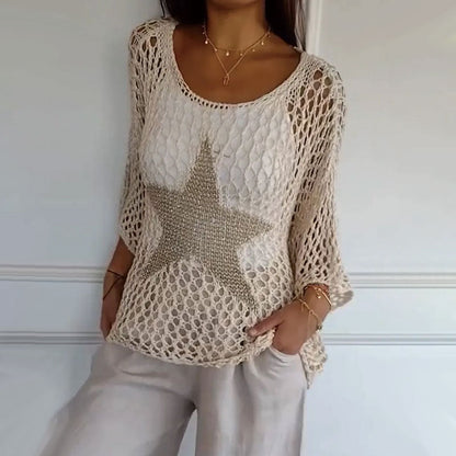 ☀️Spring Hot Sale✨Women's Fashion Round Neck Crochet Knit Fishnet Top