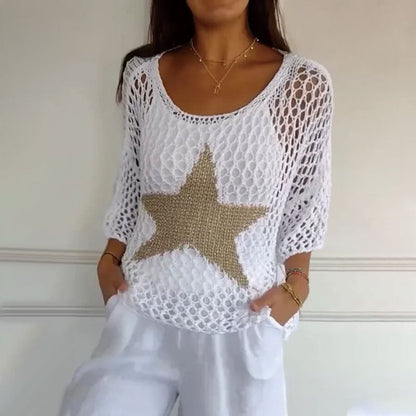 ☀️Spring Hot Sale✨Women's Fashion Round Neck Crochet Knit Fishnet Top