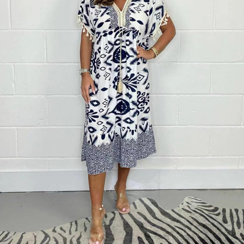 🔥Big price reduction！💃✨Printed Casual Dress With V-Neckline and Fringes on the Short Sleeves